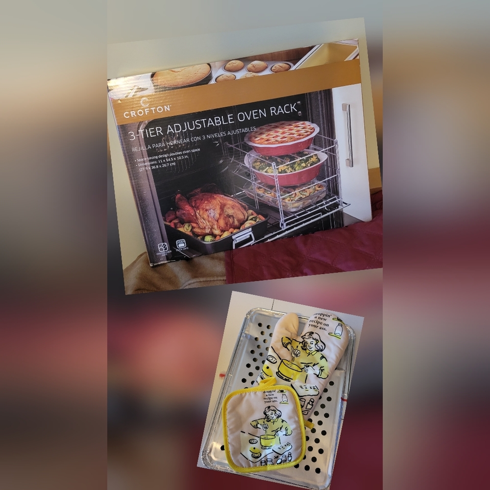 Crofton Silver 3-Tier Oven Rack with Vintage Stye Mitt Set